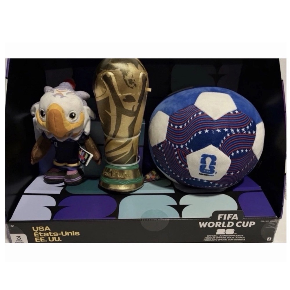 FIFA World Cup 26 USA 3-Pack Plush Set Jazwares Trophy Mascot Soccer Ball New
